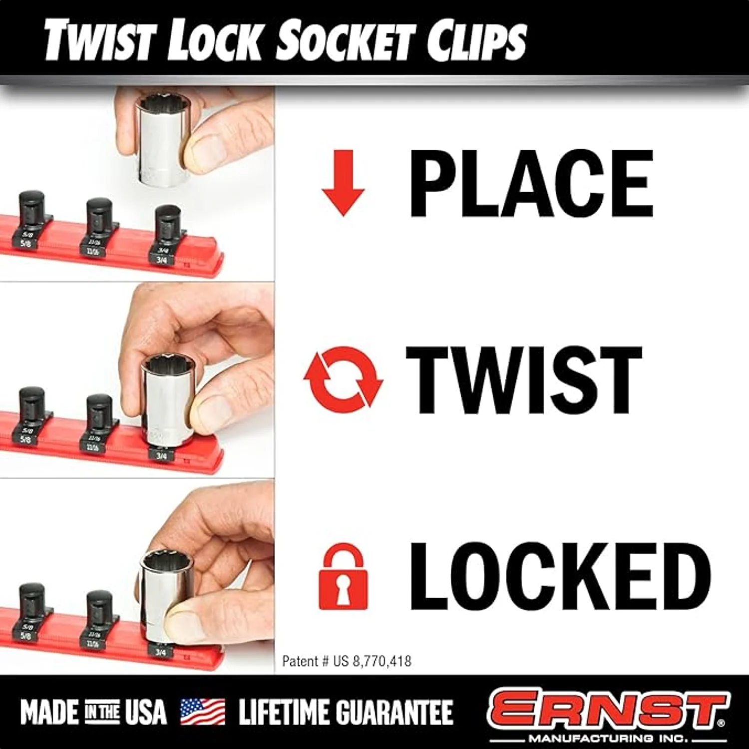 Ernst 8440 1/4” Twist Lock Socket Clips 22 Pack Black - Image 4