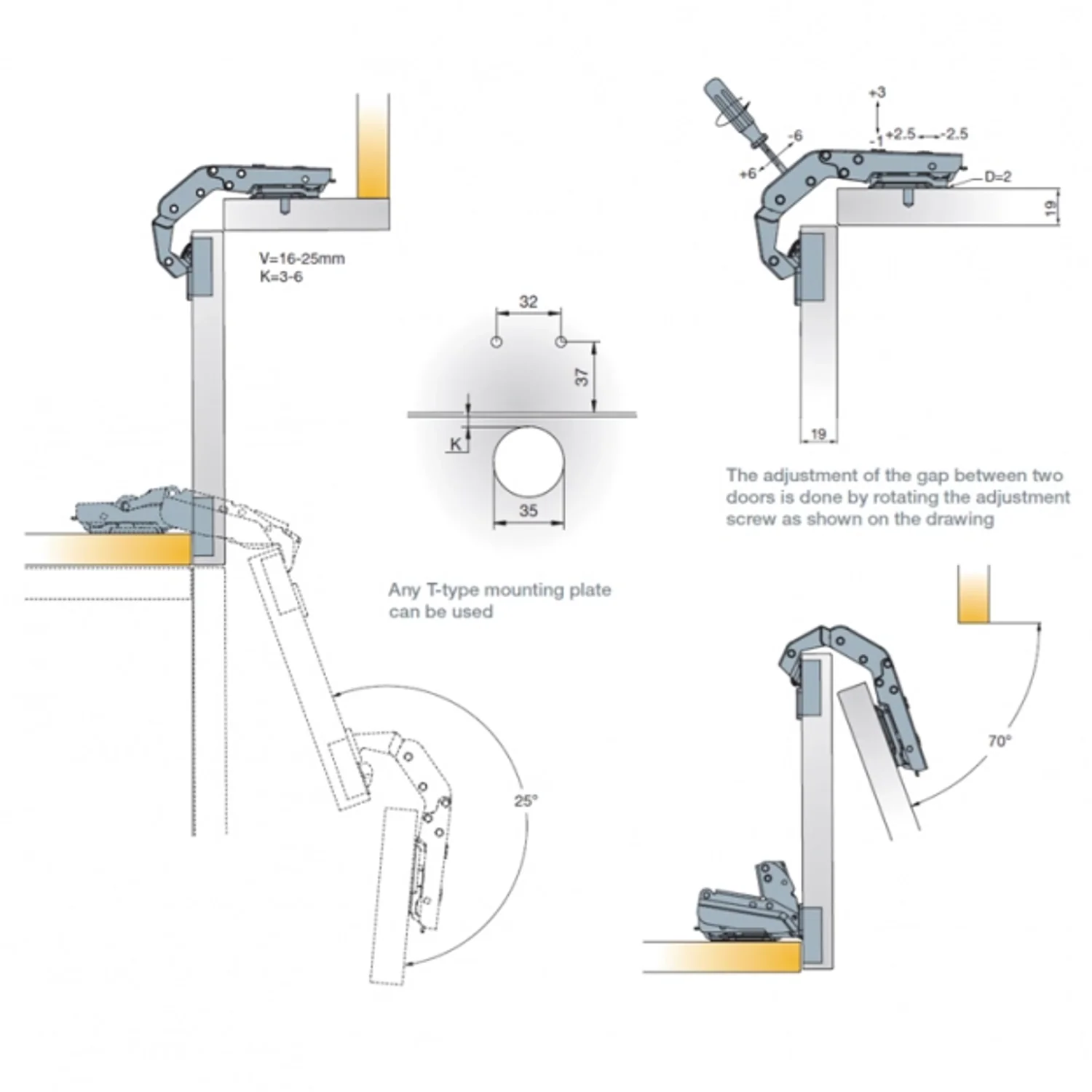 Titus T-Type 70° Bi-Fold Cabinet Hinge & Mounts (2 Pack) - Image 3